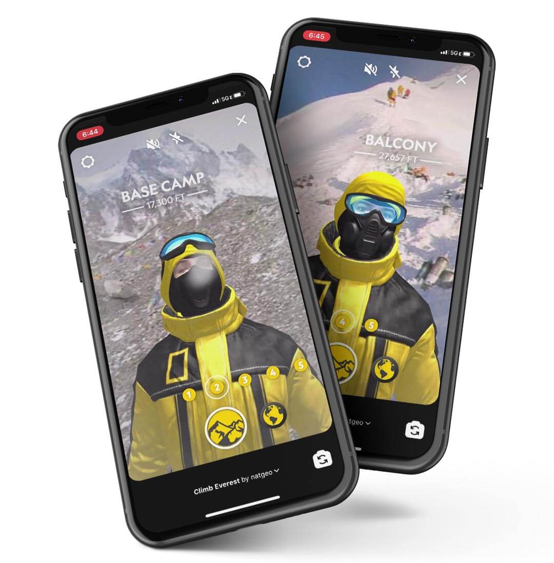 Two iPhones showing scenes from Everest Expedition AR Filter