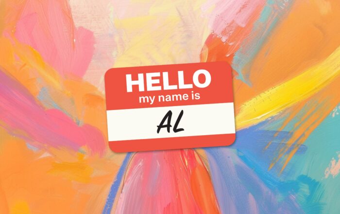 A "Hello, my name is" nametag with "AL" written on it floating on a multi-color paint smeared abstract background